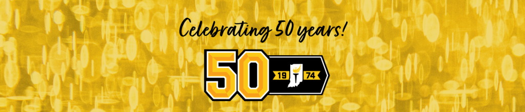 sparking gold background and the words "Celebrating 50 years" in the center.